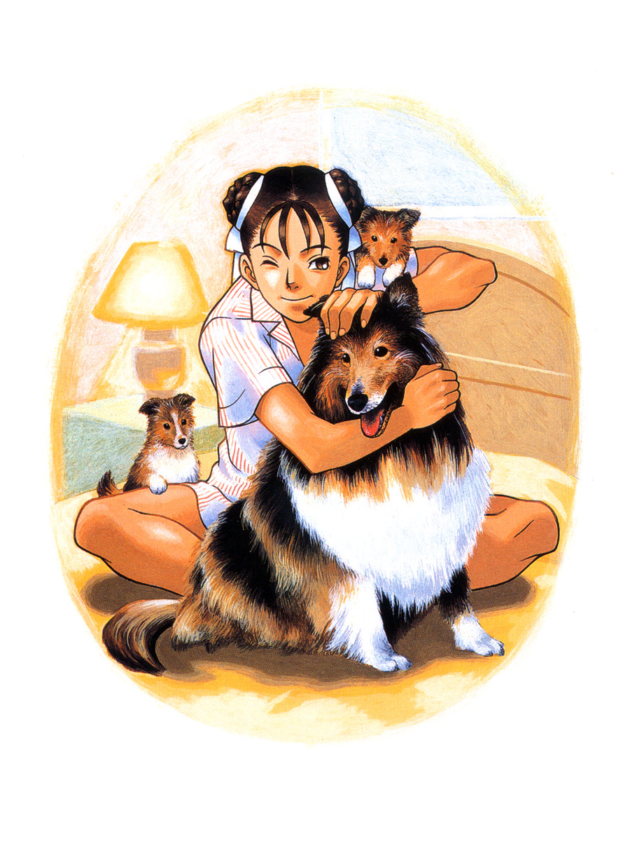 bed, capcom, chun-li, collie, collie_(dog), dog, hair_bun, highres