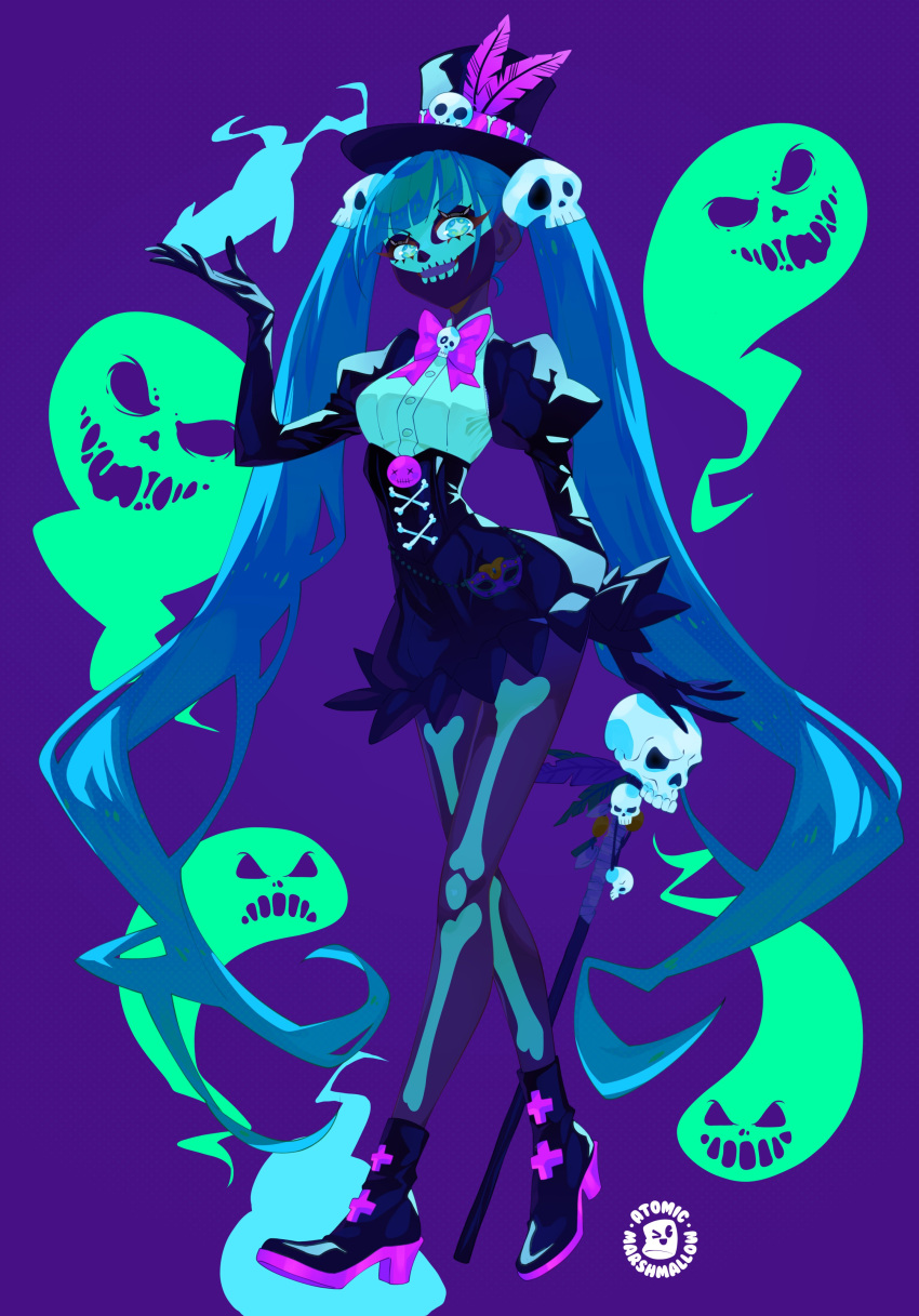 1girl, absurdly_long_hair, absurdres, aqua_eyes, atomicmrshmallw, black_dress, black_footwear, black_gloves, blue_fire, blue_hair, bodypaint, bone, boots, bow, dark-skinned_female, dark_skin, dress, facepaint, feathers, fire, full_body, ghost, gloves, hair_ornament, hat, hat_ornament, hatsune_miku, highres, juliet_sleeves, long_hair, long_sleeves, new_orleans, puffy_sleeves, purple_bow, purple_feathers, skull, skull_hair_ornament, skull_hat_ornament, skull_staff, solo, standing, top_hat, twintails, united_states, very_long_hair, vocaloid