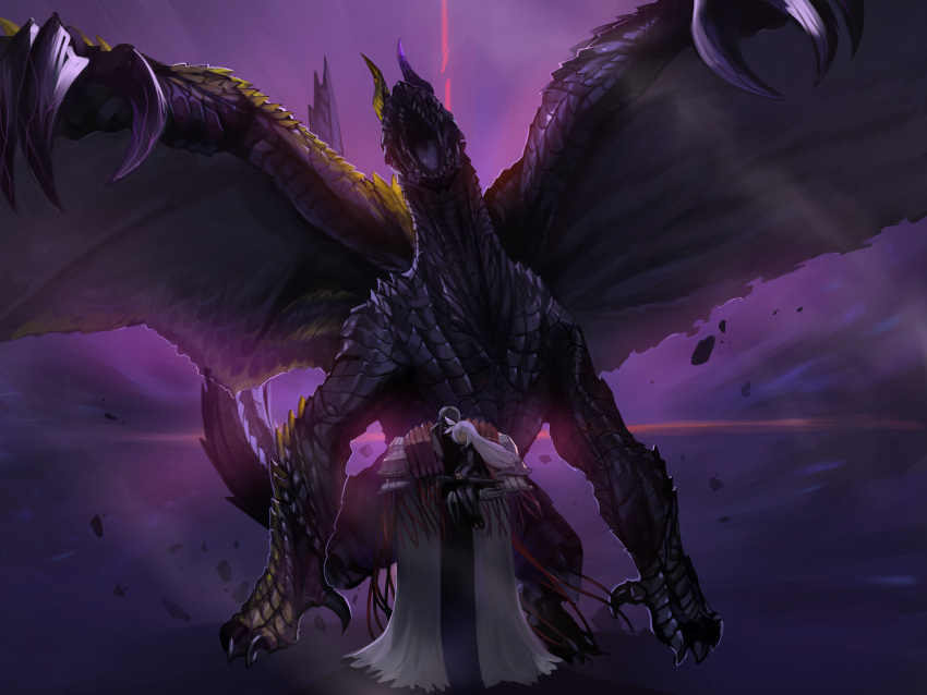 1boy, 1girl, absurdres, animal, black_footwear, black_jacket, black_pantyhose, black_skirt, blue_archive, chaotic_gore_magala, cloak, crossover, dokomon, dragon, highres, jacket, long_hair, monster_hunter_(series), pantyhose, phrenapates_(blue_archive), plana_(blue_archive), shoes, sitting_on_arm, skirt, very_long_hair, white_cloak, white_hair