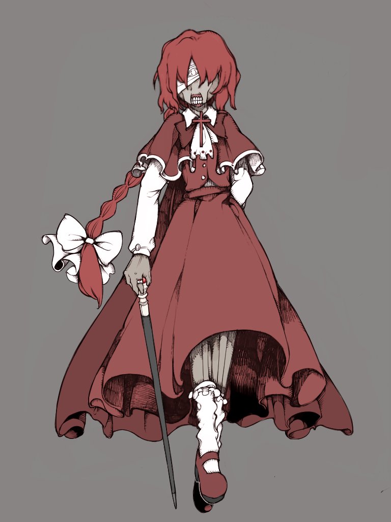 1girl, ankle_socks, ascot, bandage_over_one_eye, bolos, bow, bowtie, braid