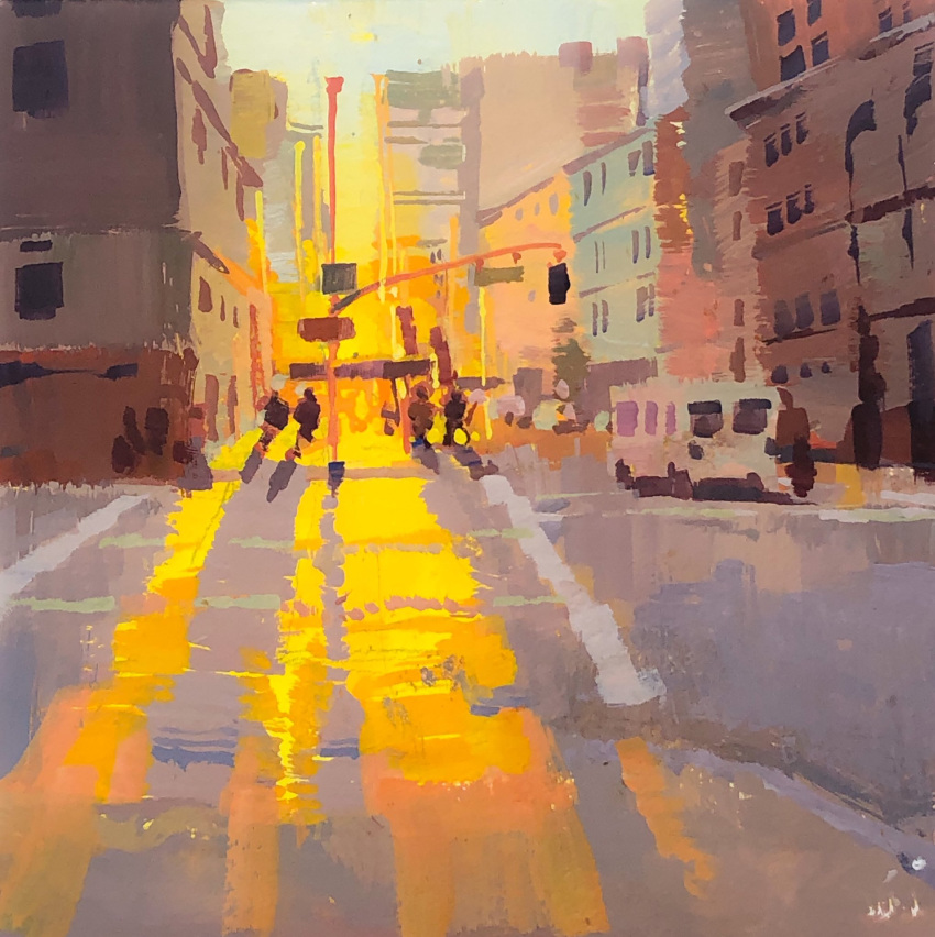 blue_sky, building, bus, city, crosswalk, english_commentary, gouache_(medium), highres