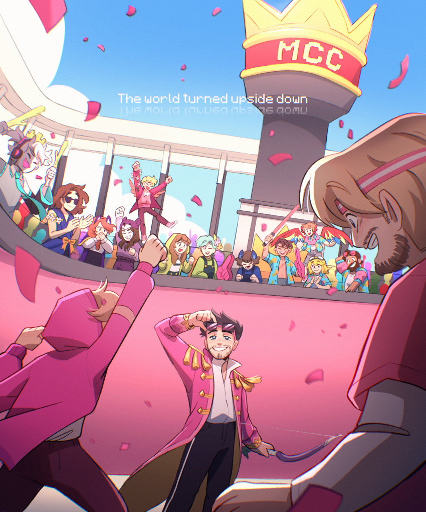 2others, 4girls, 6+boys, absurdres, audience, beard, bird_boy, bird_wings