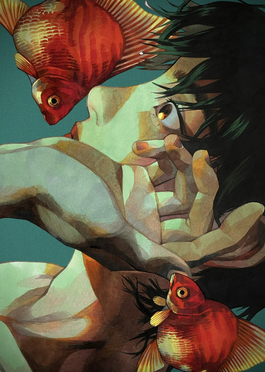 1girl, black_hair, blue_background, chom1015, collarbone, commentary, fingernails, fish