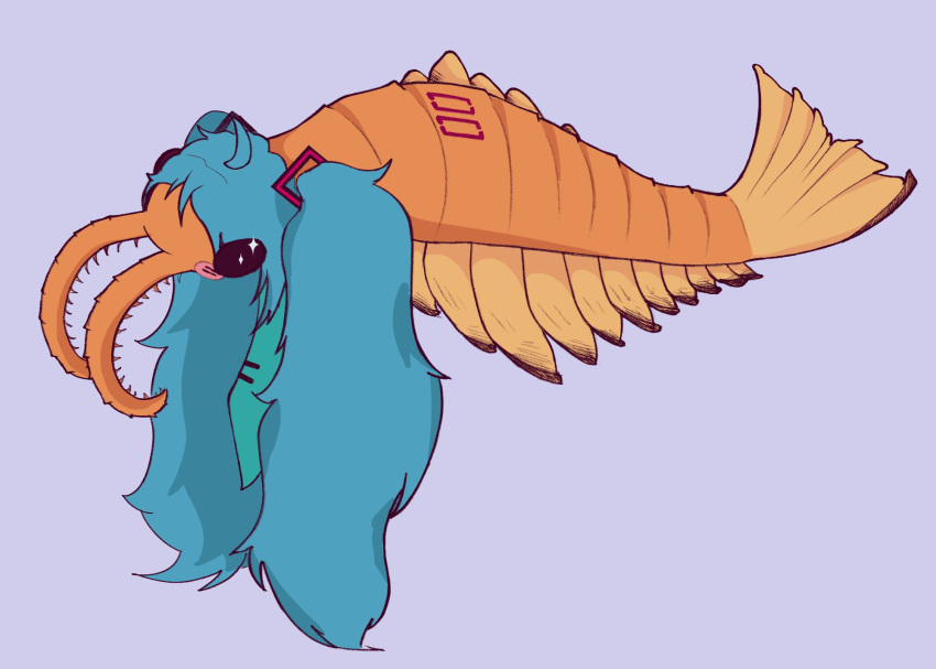 animal, animal_focus, animalization, anomalocaris, blue_hair, blush_stickers, commentary, english_commentary