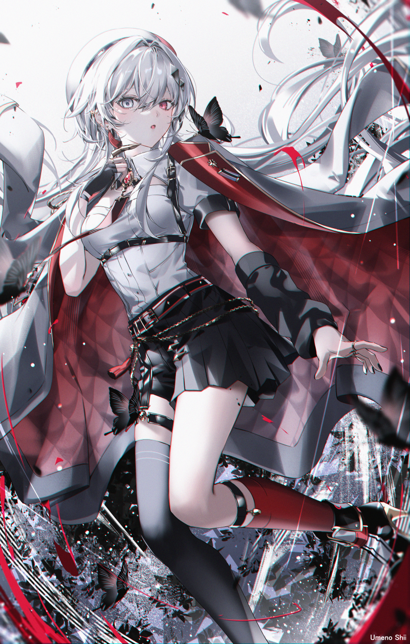 1girl, asymmetrical_sleeves, black_gloves, black_nails, black_skirt, black_sleeves, black_thighhighs, boots