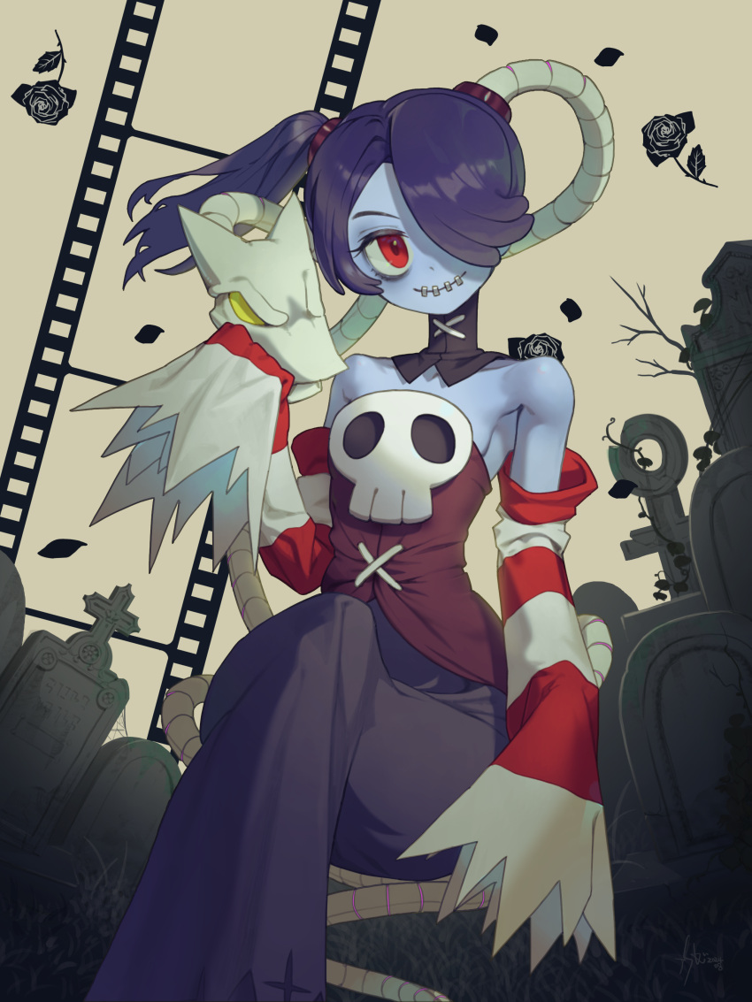 1girl, absurdres, bare_shoulders, black_collar, black_skirt, blue_hair, blue_skin, bone