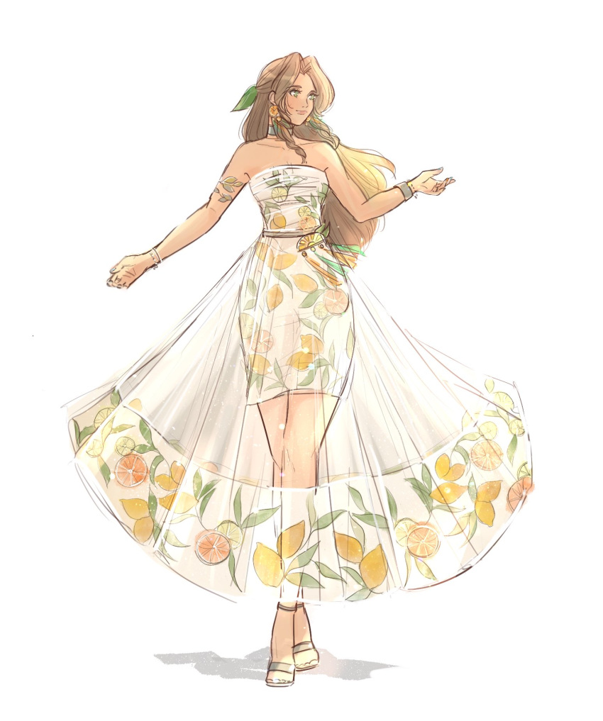 1girl, aerith_gainsborough, aerith_gainsborough_(citric_dress), armlet, bare_shoulders, bracelet, breasts, brown_hair