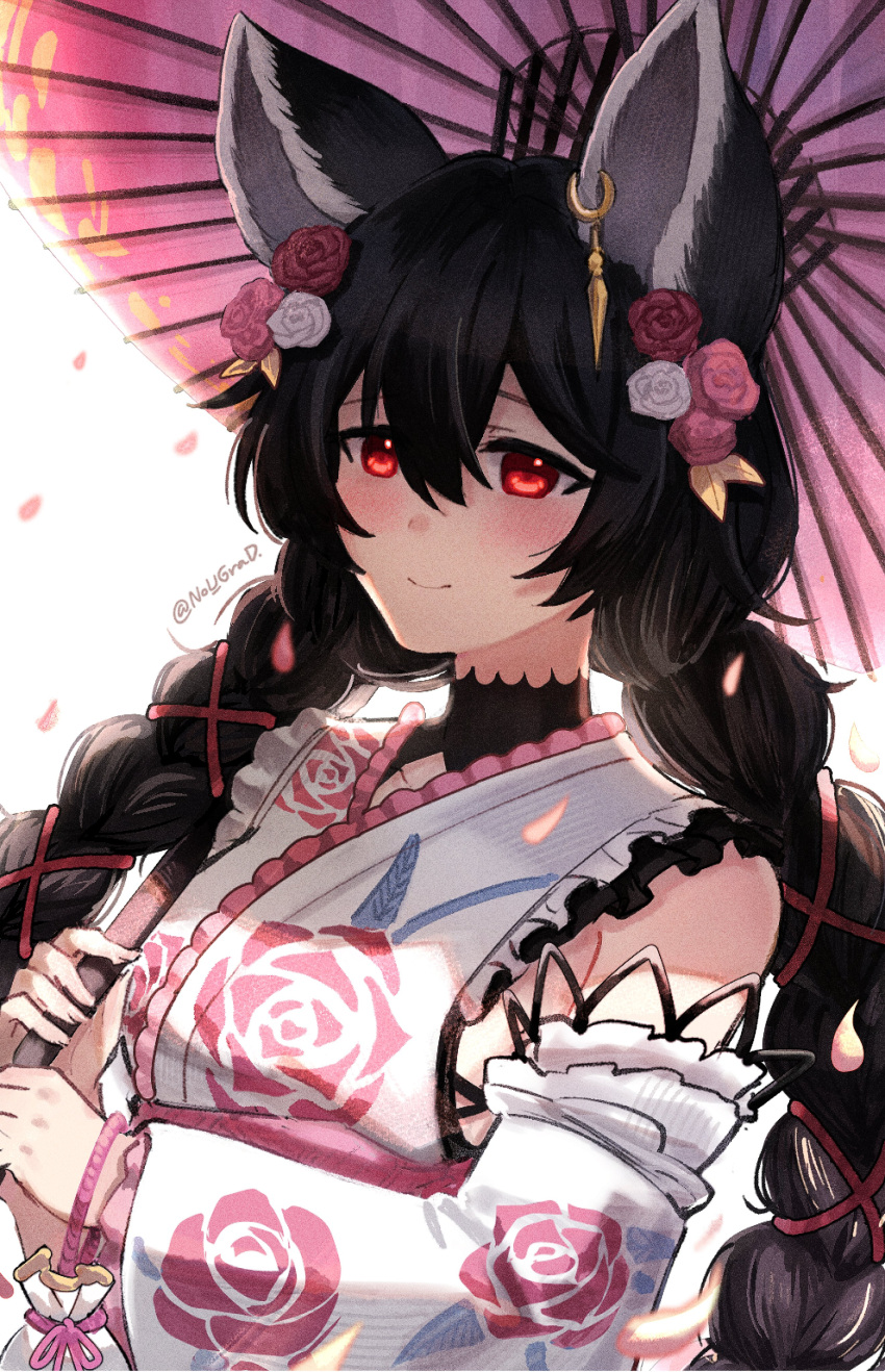 1girl, absurdres, black_hair, blush, braid, detached_sleeves, ear_piercing, floral_print