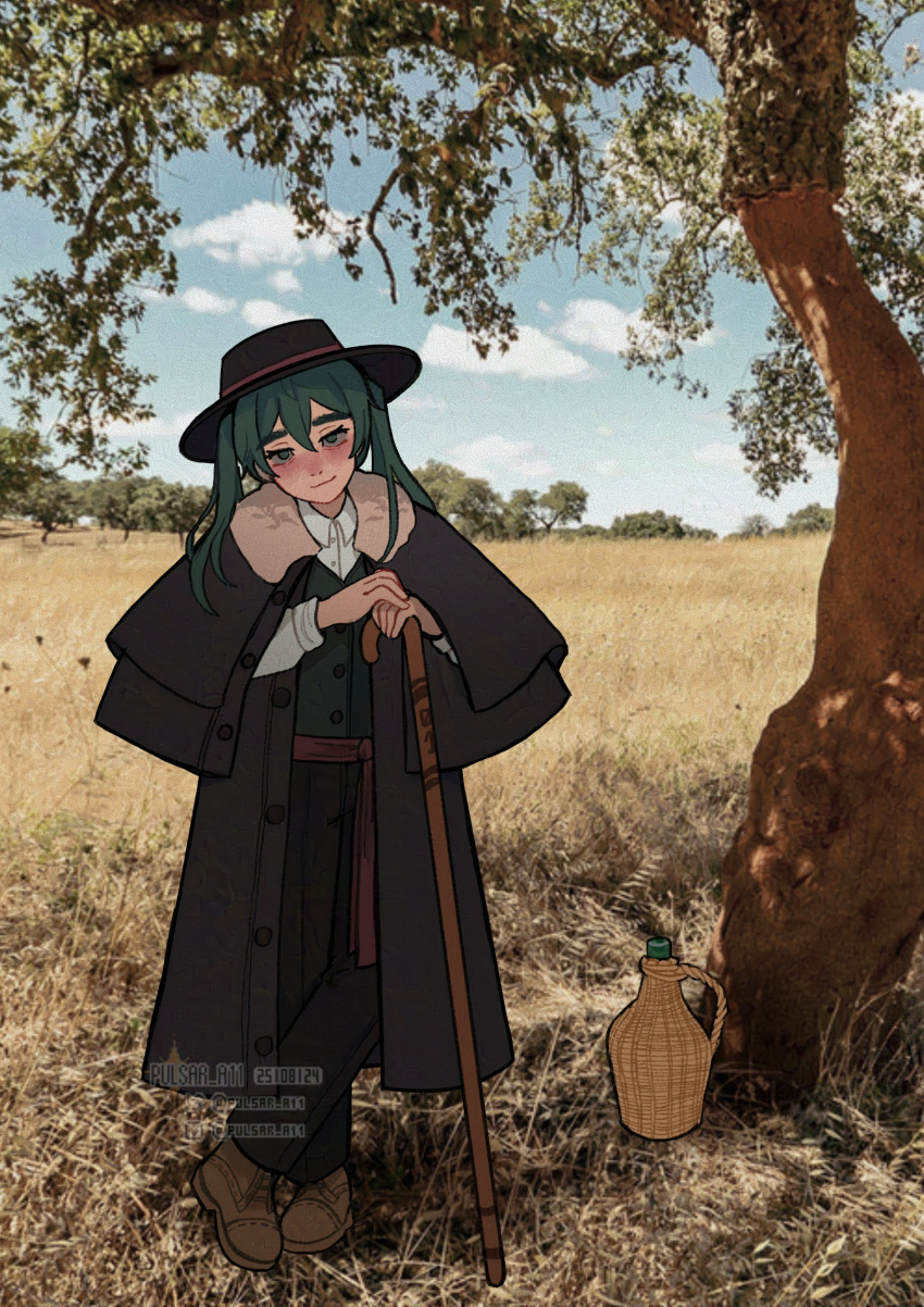 1girl, absurdres, aqua_eyes, aqua_hair, black_coat, black_hat, black_pants, bottle