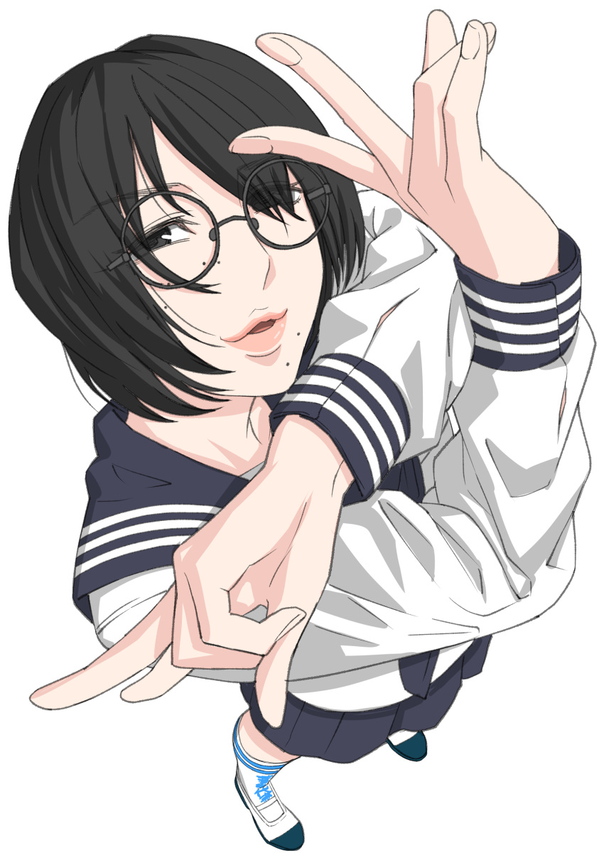 1girl, absurdres, atarashii_gakkou_no_leaders, black_eyes, black_hair, clothes_writing, eyes_visible_through_hair, foreshortening