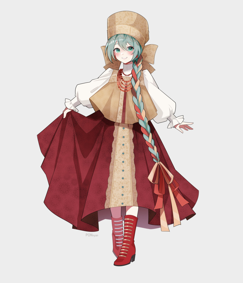1girl, absurdres, aqua_hair, blush, boots, full_body, grey_background, hatsune_miku