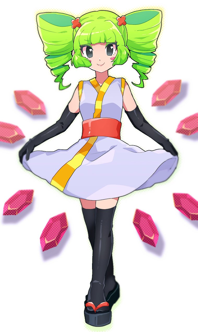 1girl, blush_stickers, chiimako, crossed_legs, dress, drill_hair, full_body, gem