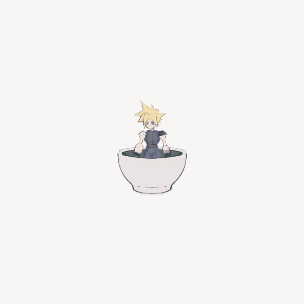1boy, black_gloves, blonde_hair, blue_eyes, chinese_commentary, cloud_strife, commentary_request, cup