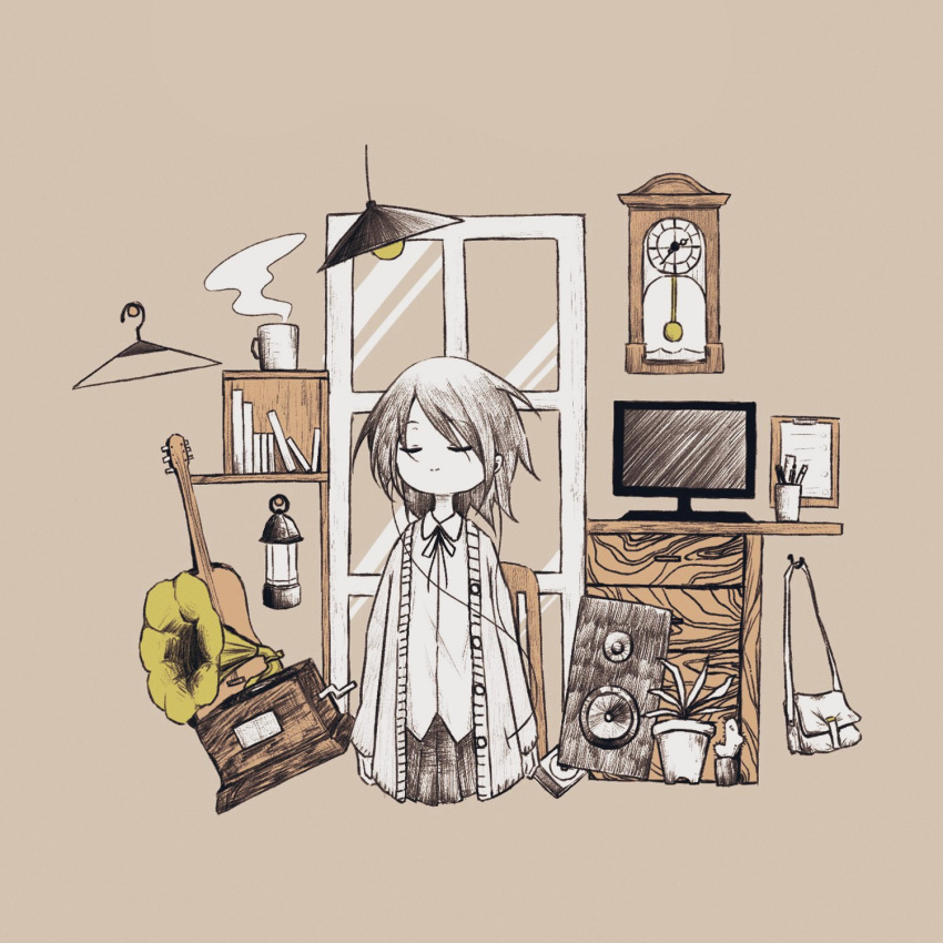1girl, acoustic_guitar, bookshelf, cable, cardigan, clock, closed_eyes, closed_mouth