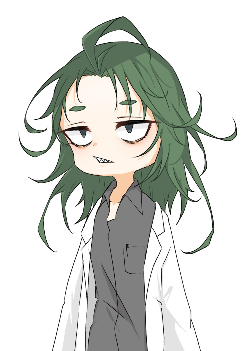 1girl, arms_at_sides, breast_pocket, clenched_teeth, coat, collared_shirt, commentary, green_hair