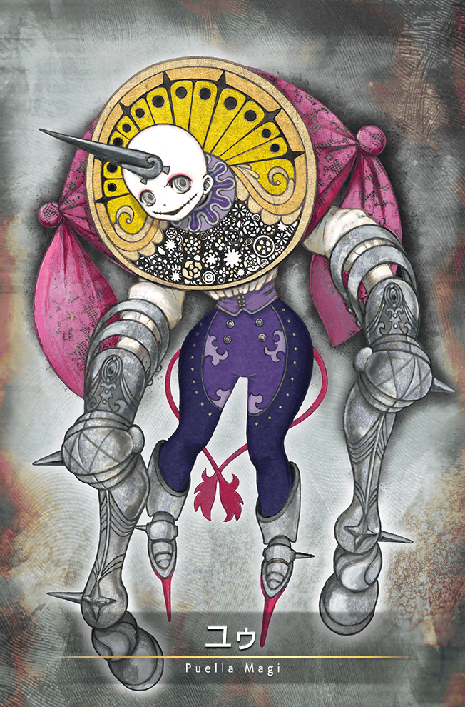 1girl, armored_boots, bald, boots, card_(medium), character_name, corset, full_body