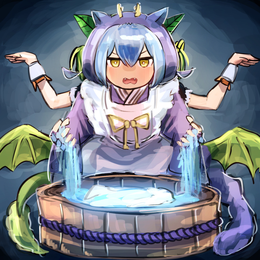 2girls, apron, blue_hair, dragon_girl, dragon_horns, dragon_tail, dragon_wings, duel_monster
