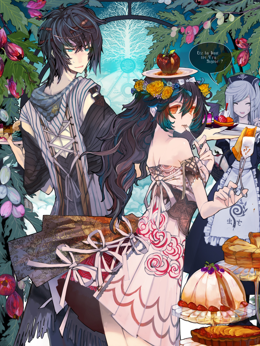 apple, bare_shoulders, black_hair, cake, dress, eating, flower, food