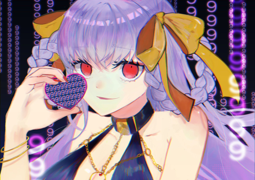 1girl, bb_(fate), bb_dubai_(fate), black_background, black_dress, braid, braided_hair_rings, center_opening, dress, fate/grand_order, fate_(series), heart, highres, masteryakiniku, official_alternate_costume, purple_hair, red_eyes, red_nails, side_slit, small_pupils, solo