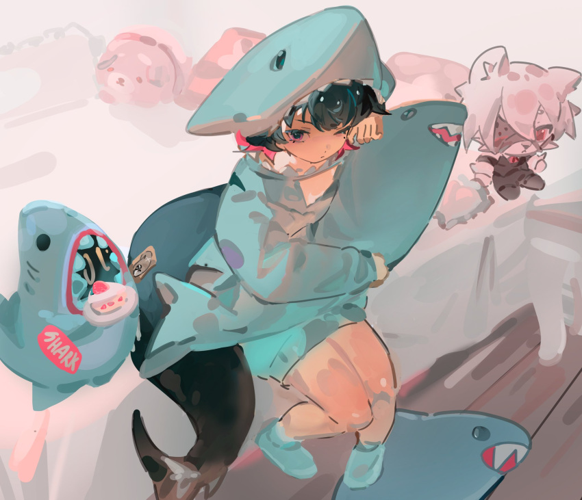 1girl, animal_costume, bedroom, black_hair, blue_socks, character_doll, closed_mouth, colored_inner_hair, commentary, ellen_joe, english_commentary, fins, fish_tail, highres, krabiccus, looking_at_viewer, mole, mole_under_eye, multicolored_hair, on_bed, one_eye_closed, onesie, pink_eyes, pink_hair, rubbing_eyes, shark_costume, shark_tail, short_hair, sitting, socks, solo, stuffed_animal, stuffed_shark, stuffed_toy, tail, von_lycaon, waking_up, zenless_zone_zero