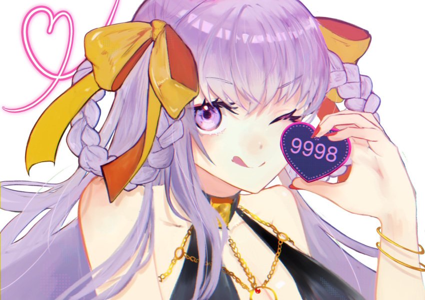 1girl, bb_(fate), bb_dubai_(fate), black_dress, braid, braided_hair_rings, center_opening, dress, fate/grand_order, fate_(series), heart, highres, masteryakiniku, official_alternate_costume, purple_hair, red_nails, side_slit, simple_background, solo, tongue, tongue_out, twin_braids, upper_body, violet_eyes, white_background