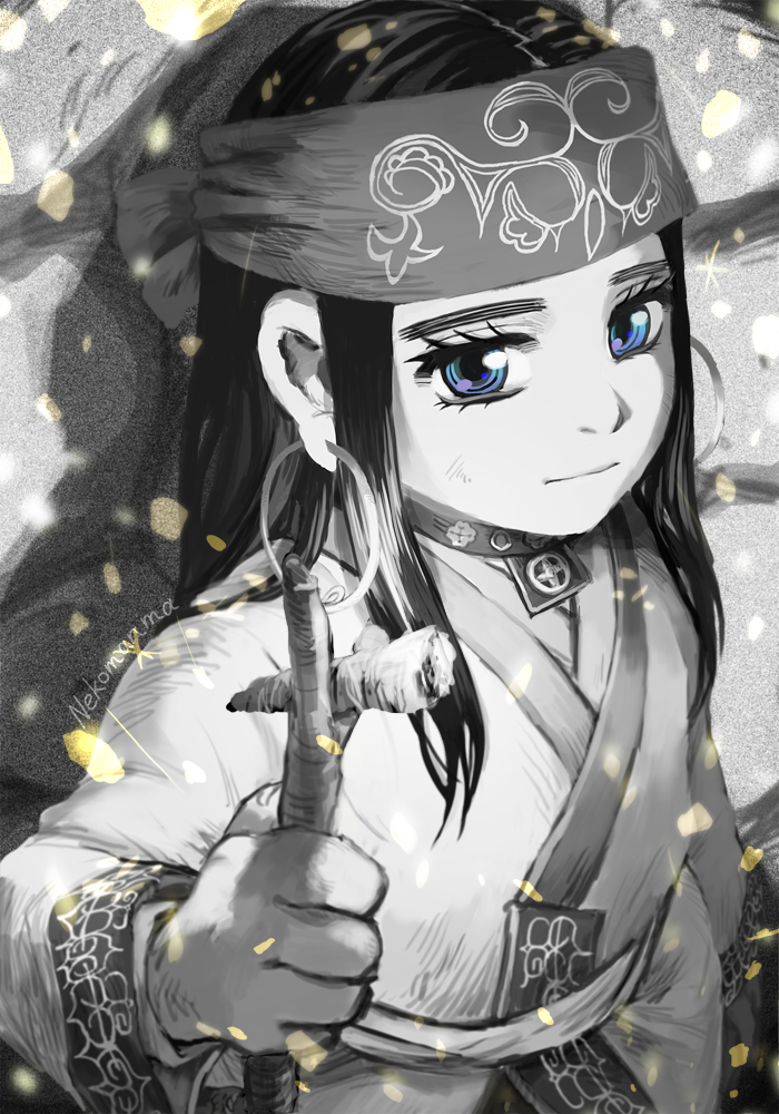 1girl, ainu, ainu_clothes, artist_name, asirpa, blue_eyes, closed_mouth, commentary_request