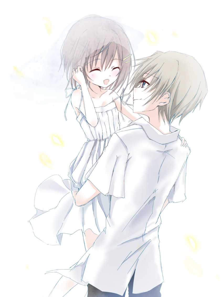 1boy, 1girl, :d, ^_^, bare_arms, blue_eyes, blush, brother_and_sister