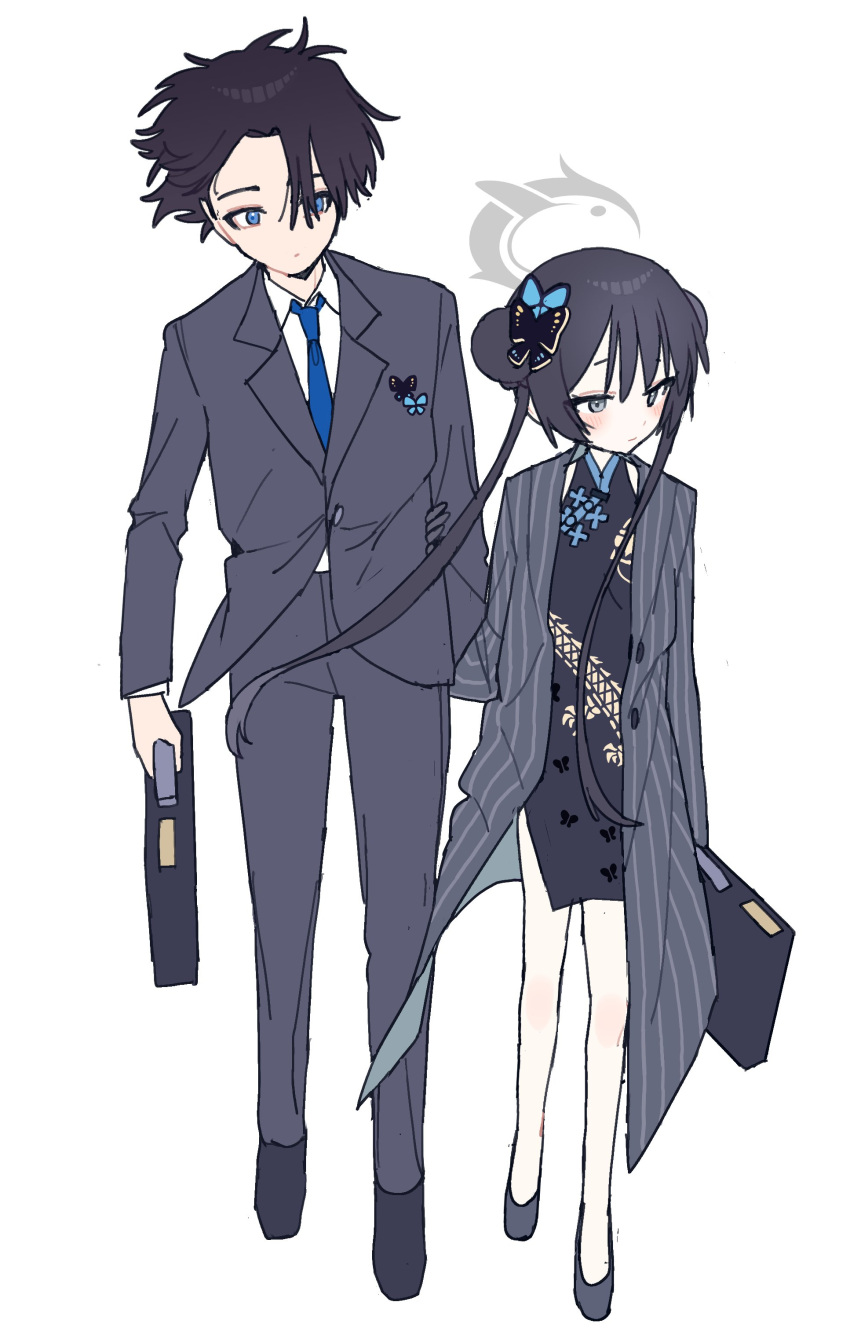 1boy, 1girl, absurdres, black_hair, blue_archive, blue_eyes, blush, briefcase
