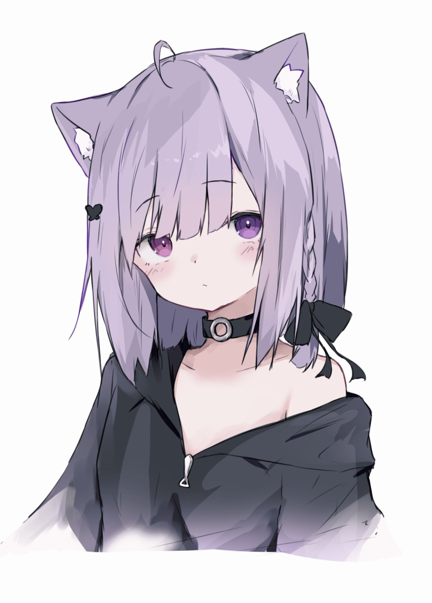 1girl, animal_ears, black_choker, black_hoodie, braid, cat_ears, cat_girl, choker, expressionless, hayashi_maka, highres, hood, hoodie, indie_virtual_youtuber, looking_at_viewer, medium_hair, mikeneko_(vtuber), mikeneko_(vtuber)_(2nd_costume), o-ring, o-ring_choker, off_shoulder, purple_hair, side_braid, simple_background, upper_body, violet_eyes, virtual_youtuber, white_background