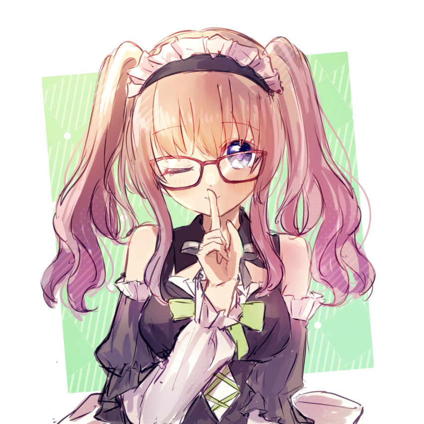 1girl, 9-nine-, ;), bare_shoulders, black_dress, blue_eyes, blush, bow, brown_hair, ch2sh, closed_mouth, commentary_request, detached_collar, detached_sleeves, dress, dress_bow, finger_to_mouth, glasses, green_background, green_bow, grey_ribbon, hair_between_eyes, hand_up, highres, index_finger_raised, kujou_miyako, long_hair, long_sleeves, looking_at_viewer, maid, maid_headdress, neck_ribbon, official_alternate_costume, official_alternate_hairstyle, one_eye_closed, puffy_long_sleeves, puffy_sleeves, red-framed_eyewear, ribbon, shushing, sidelocks, simple_background, sketch, sleeveless, sleeveless_dress, smile, solo, twintails, two-tone_background, upper_body, wavy_hair, white_background