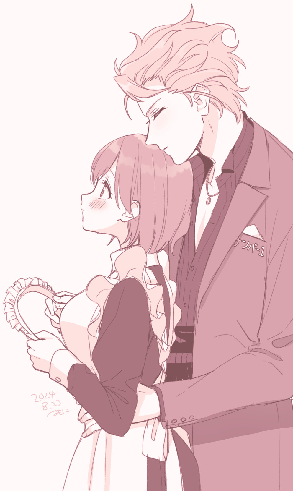 1boy, 1girl, apron, artist_name, blush, bob_cut, closed_eyes, collared_shirt