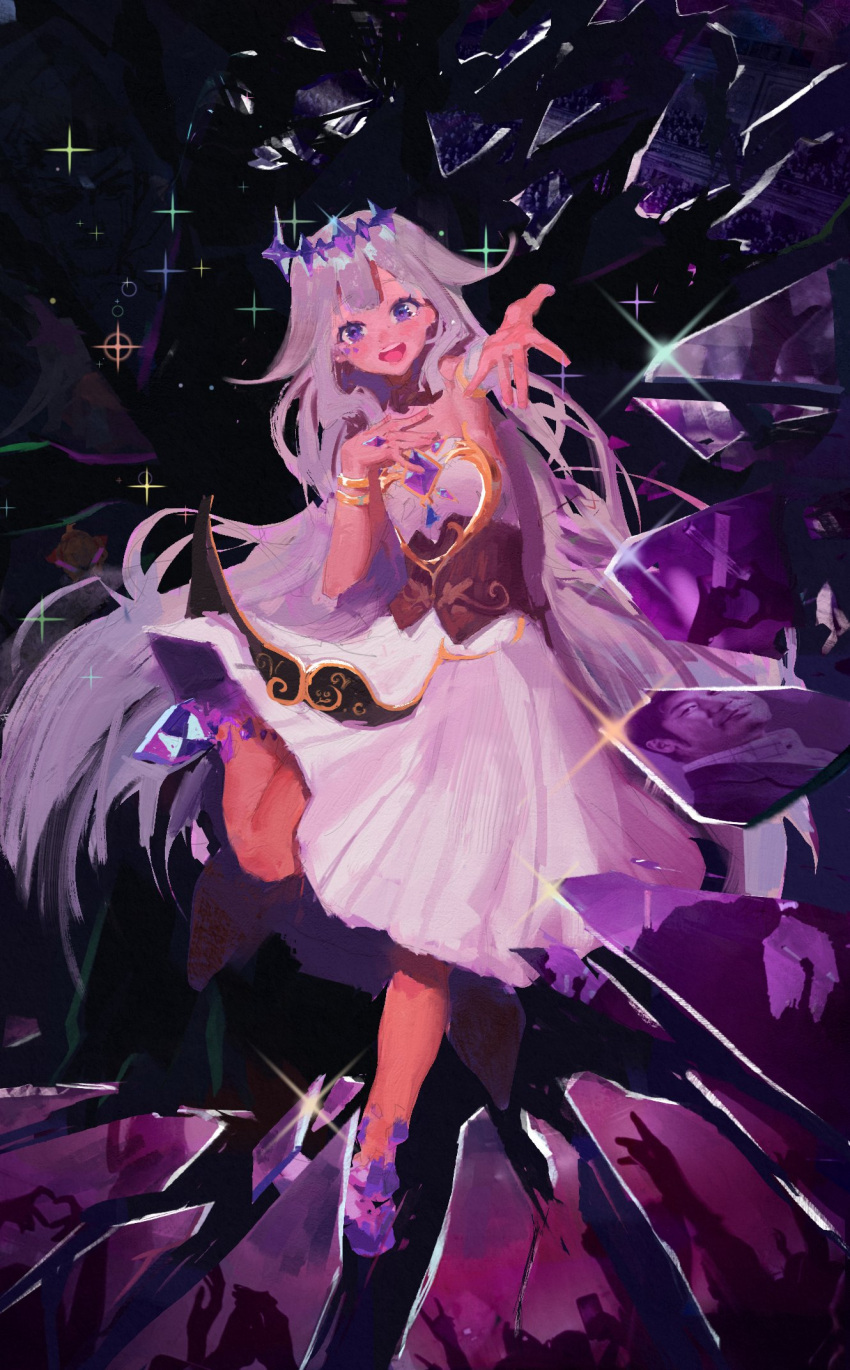 1girl, bare_shoulders, bracelet, chest_jewel, circlet, cursedweeboo, dress, english_commentary, gem, glass_shards, gold_bracelet, grey_hair, hand_on_own_chest, hand_up, highres, hololive, hololive_english, jewel_under_eye, jewelry, koseki_bijou, koseki_bijou_(1st_costume), leg_up, long_hair, looking_at_viewer, open_mouth, outstretched_hand, purple_gemstone, solo, standing, teeth, upper_teeth_only, very_long_hair, violet_eyes, virtual_youtuber, white_dress