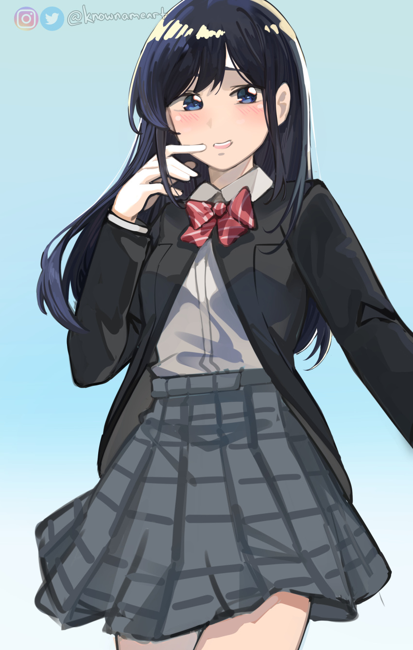 1girl, absurdres, black_hair, black_jacket, blue_eyes, blush, bow, bowtie