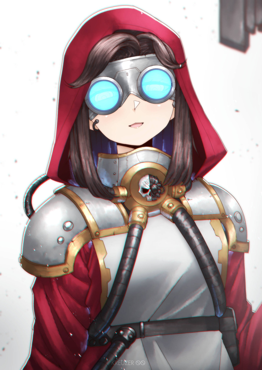 1girl, absurdres, adeptus_mechanicus, adeptus_mechanicus_(symbol), armor, artist_name, brown_hair, commission