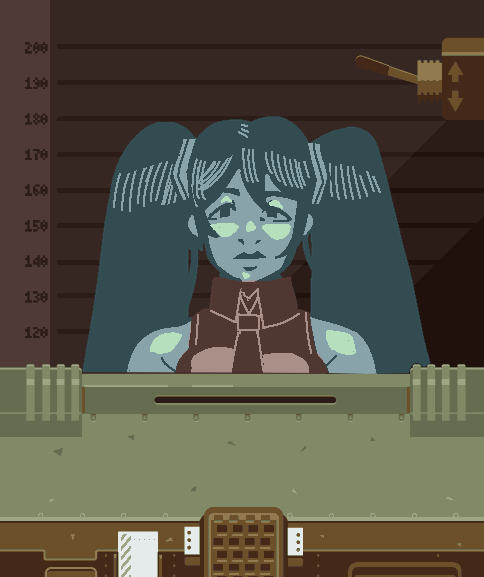 1girl, aqua_hair, commentary, desk, english_commentary, expressionless, grey_shirt, hatsune_miku