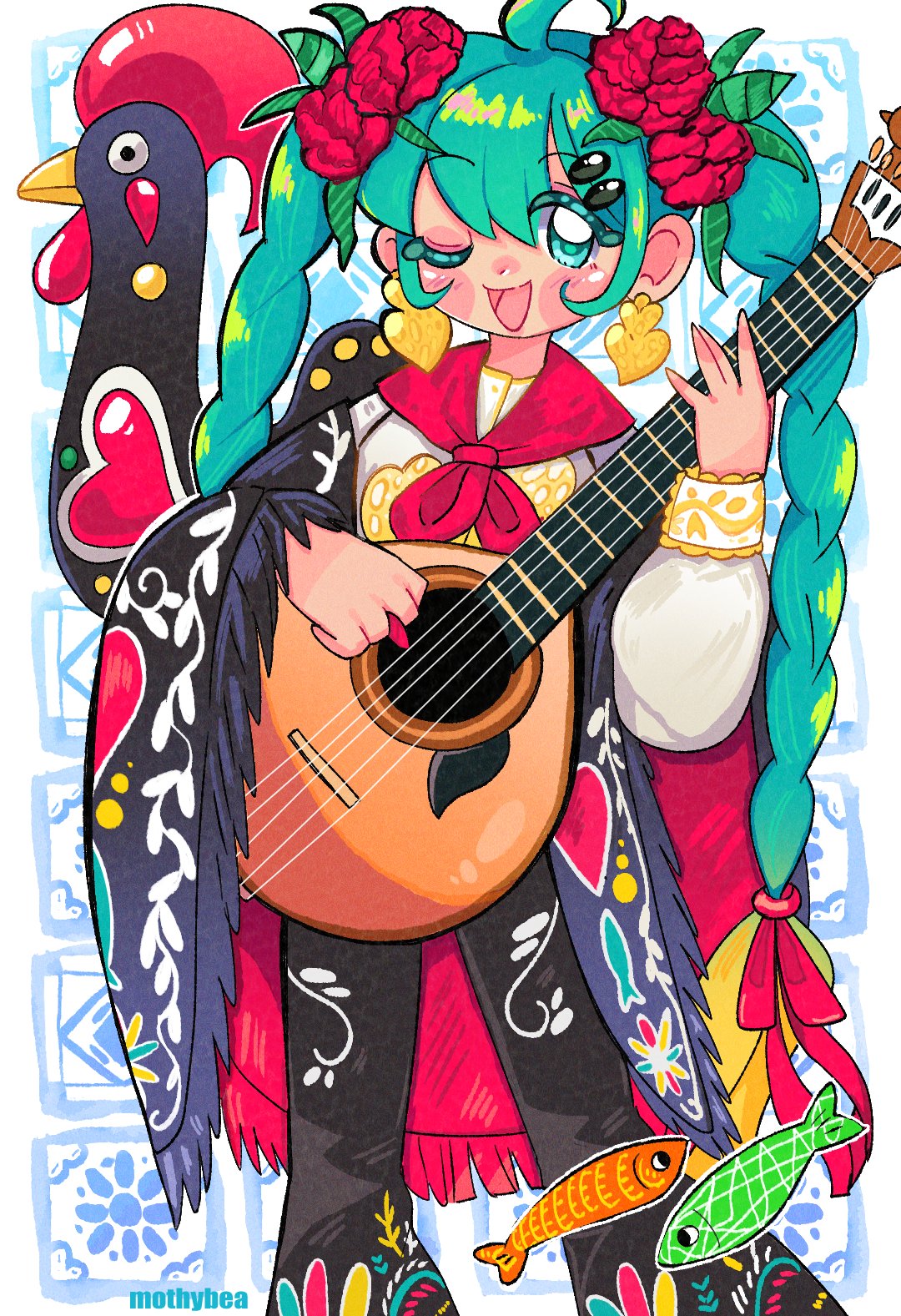 aqua_eyes, aqua_hair, beamothy, black_cape, cape, earrings, fish, flower, gold_earrings, hair_flower, hair_ornament, hatsune_miku, highres, jewelry, long_hair, portugal, portuguese_clothes, portuguese_guitar, red_cape, red_flower, red_rose, rooster_of_barcelos, rose, shirt, twintails, very_long_hair, vocaloid, white_shirt