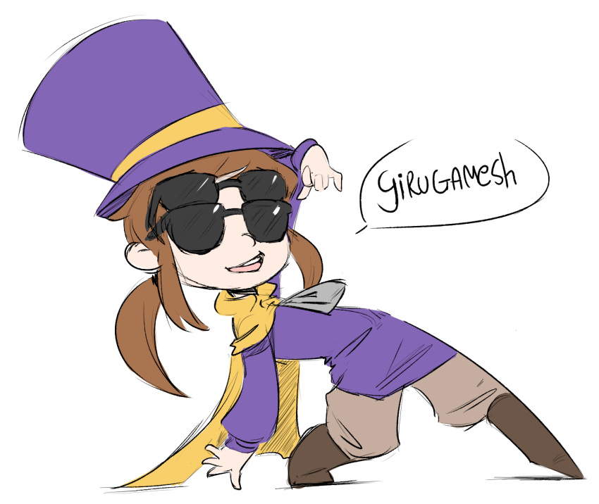 1girl, a_hat_in_time, boots, brown_footwear, brown_hair, brown_pants, cape, commentary