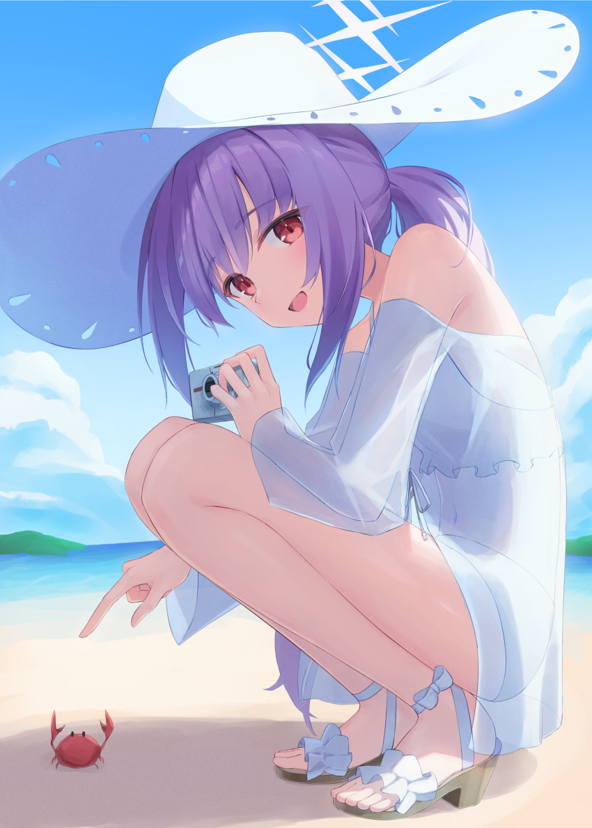 1girl, :d, atsuko_(blue_archive), atsuko_(swimsuit)_(blue_archive), bare_shoulders, beach, bikini, blue_archive, blue_sky, blush, camera, commentary, covered_navel, crab, day, from_side, full_body, hair_between_eyes, halo, hand_up, happy, hat, highres, hitsuji_(myn_mei), holding, holding_camera, index_finger_raised, jacket, leaning_forward, long_sleeves, looking_at_viewer, medium_hair, no_socks, ocean, open_mouth, outdoors, ponytail, purple_hair, red_eyes, sandals, see-through, see-through_jacket, sidelocks, sky, smile, solo, squatting, sun_hat, swimsuit, white_bikini, white_footwear, white_halo, white_hat, white_jacket, wide_sleeves