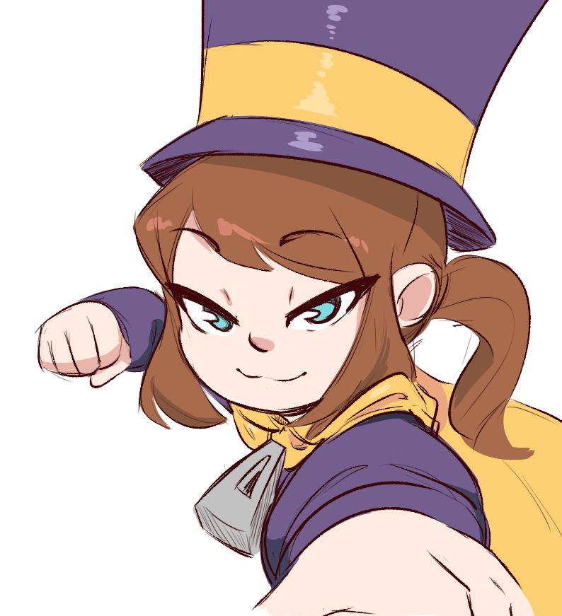 1girl, :3, a_hat_in_time, blue_eyes, brown_hair, cape, clenched_hand, commentary