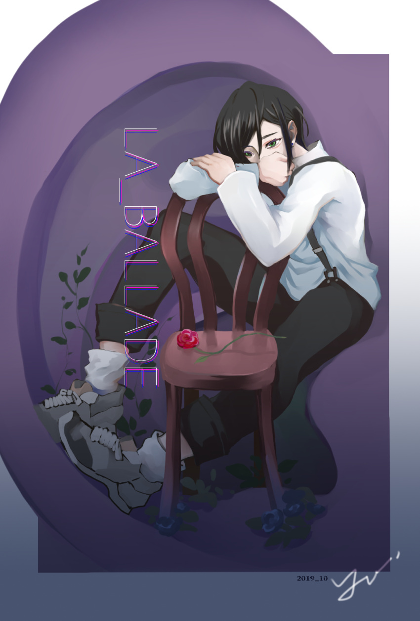 1girl, album_cover, black_hair, black_pants, blue_flower, carole_&amp;_tuesday, chair, commentary_request, cover, covering_own_mouth, cybelle_(carole_&amp;_tuesday), dated, flower, green_eyes, hair_between_eyes, highres, knee_up, long_sleeves, pants, plant, purple_background, red_flower, red_rose, rose, shirt, shoes, signature, single_flower, sitting, sneakers, solo, song_name, statue, suspenders, white_shirt, yisu_(cermee)