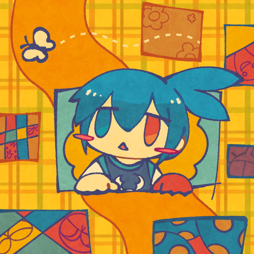 1boy, abstract_background, analogous_colors, antenna_hair, aqua_trim, black_shirt, blue_eyes, blue_hair