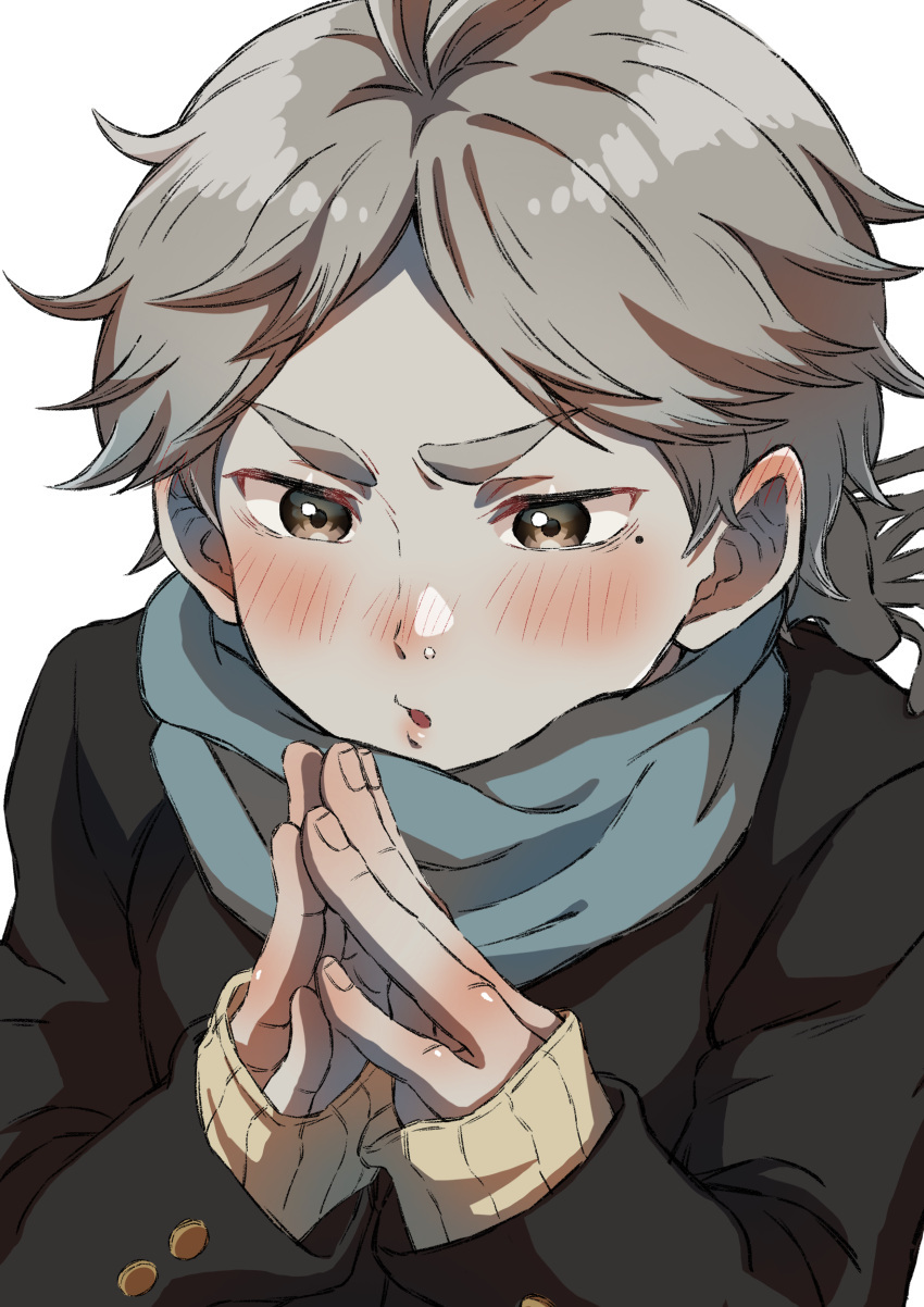 1boy, absurdres, black_jacket, blue_scarf, blush, buttoned_cuffs, buttons, cold