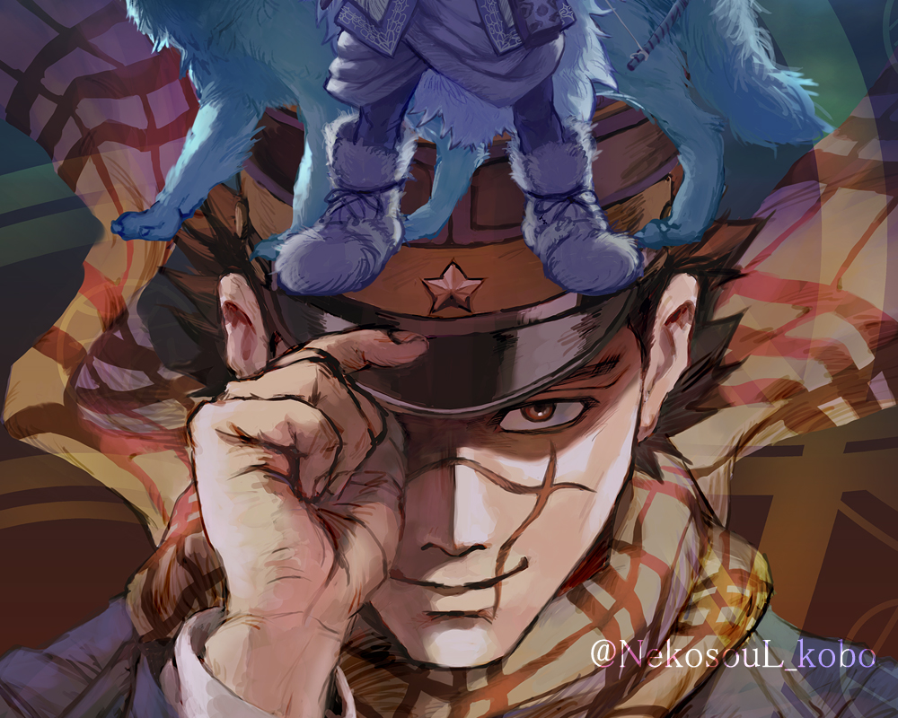 1boy, 1girl, animal, asirpa, brown_eyes, brown_hair, close-up, closed_mouth
