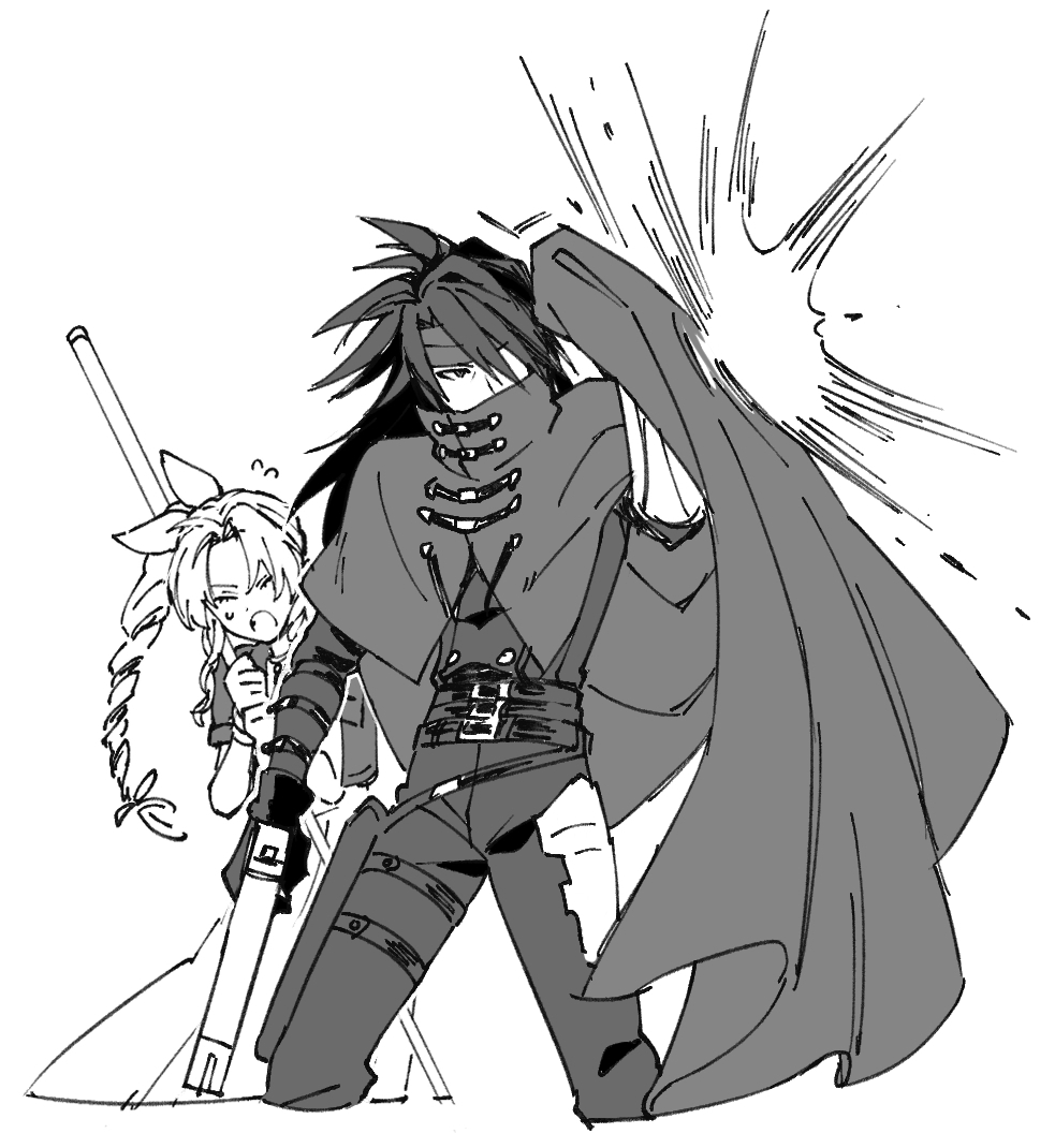1782seta, 1boy, 1girl, aerith_gainsborough, battle, belt, belt_buckle, black_hair, black_panties, black_shirt, braid, braided_ponytail, buckle, cloak, closed_eyes, cropped_legs, dress, final_fantasy, final_fantasy_vii, final_fantasy_vii_rebirth, final_fantasy_vii_remake, greyscale, gun, hair_between_eyes, hair_ribbon, handgun, headband, holding, holding_gun, holding_staff, holding_weapon, holster, long_dress, long_hair, monochrome, multiple_belts, open_mouth, panties, parted_bangs, protecting, ribbon, shielding, shirt, short_sleeves, sidelocks, single_bare_shoulder, staff, sweatdrop, thigh_holster, underwear, vincent_valentine, weapon, white_background