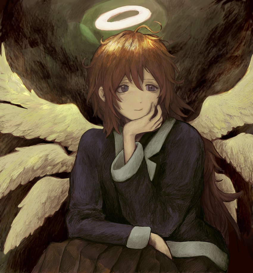 1girl, angel, angel_wings, blue_eyes, brown_hair, closed_mouth, haibane_renmei, hair_between_eyes, halo, hand_on_own_face, highres, long_hair, multiple_wings, ny4_3zk, rakka_(haibane), solo, wings