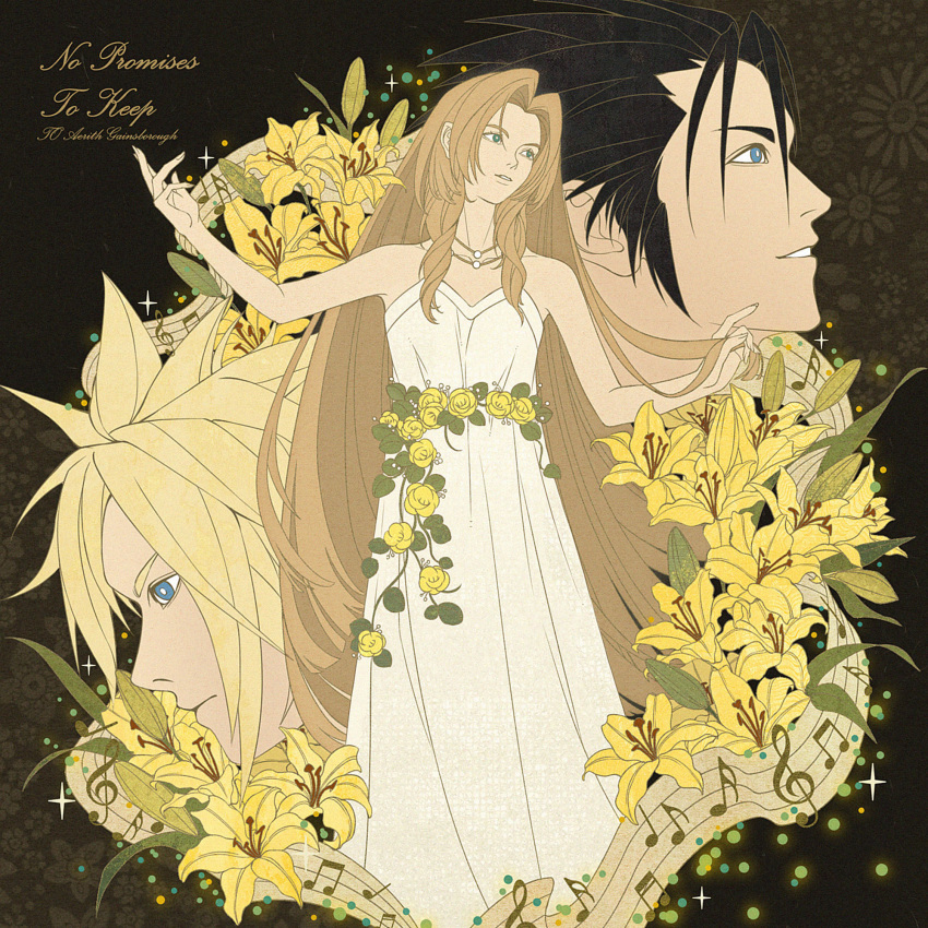 1girl, 2boys, 8er8er1s, aerith_gainsborough, aerith_gainsborough_(white_floral_dress), bare_arms, bare_shoulders, black_hair