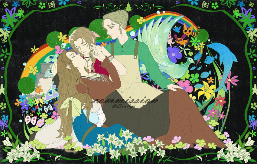 4girls, 8er8er1s, aerith_gainsborough, aged_down, apron, bangle, blonde_hair, blue_dress