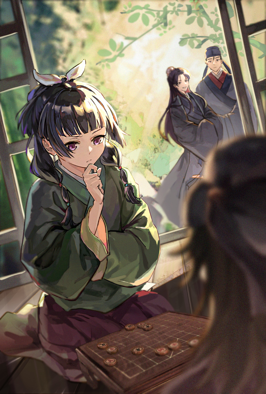 1girl, 3boys, absurdres, bamboo, bamboo_forest, beard_stubble, black_hair, blue_hanfu