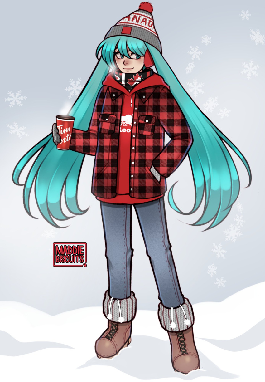 1girl, aqua_eyes, aqua_hair, artist_name, beanie, boots, brown_footwear, canada