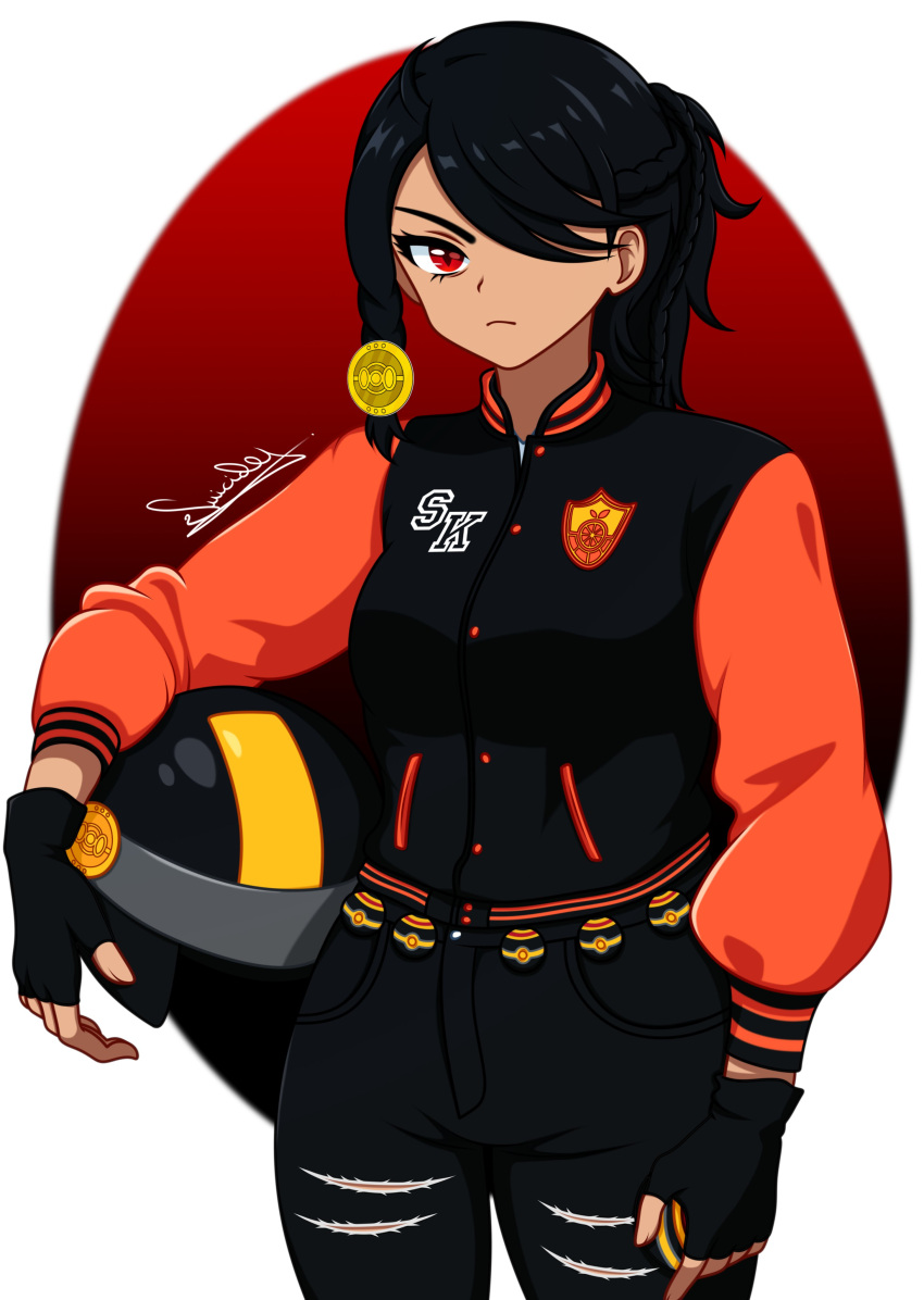 1girl, absurdres, black_gloves, black_hair, braid, carrying, carrying_under_arm, closed_mouth